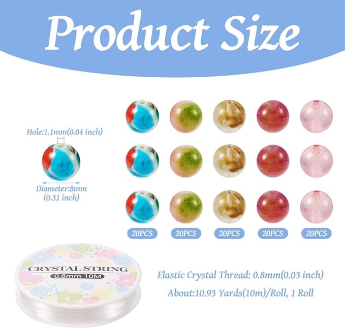 FASHEWELRY 100pcs 8mm Mixed Stone Beads Round Stone Jewelry Making Kit with Elastic String Healing Crystals for DIY Bracelet Necklace Earrings
