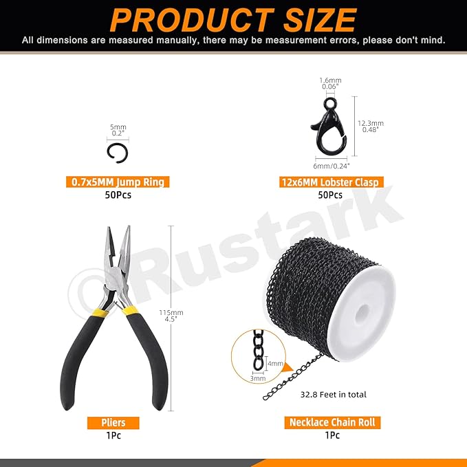 Rustark 102Pcs 4mm 30 Feet Black Jewelry Making Chains Kit Thin Necklace Bracelet Chain Twisted Links Curb Chain with Jump Rings Lobster Clasps and Pliers for Bracelet Necklace Jewelry Making
