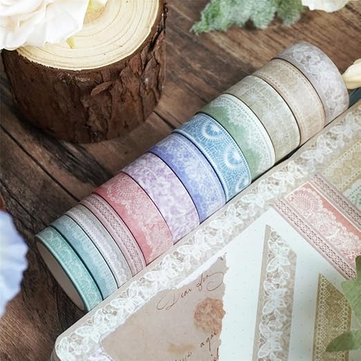 Lace Patterns Washi Tape Set 12 Rolls, Decorative Paper Sticker for Planner Scrapbook Journal DIY Arts Craft