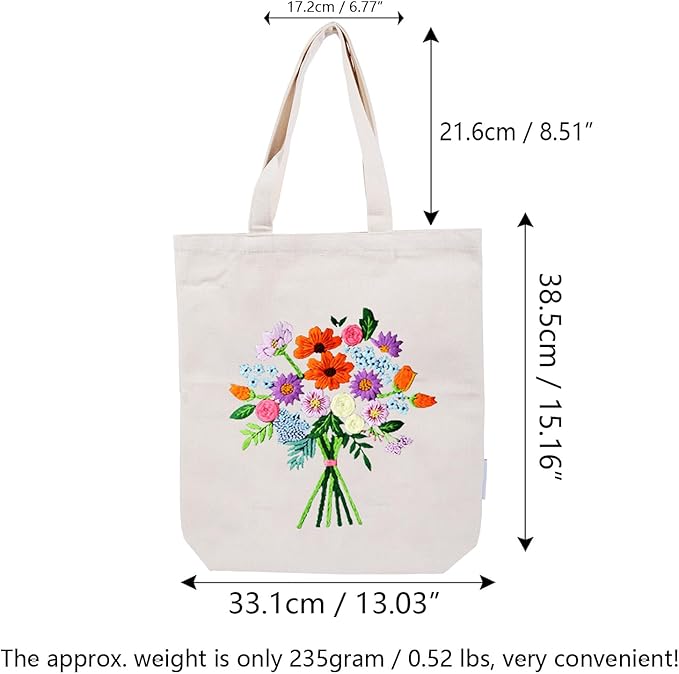 CREAWONDER Canvas Tote Bag Embroidery Kit with Pattern for Beginners, Arts and DIY Embroidery Crafts Kits for Adults, Include Instructions, Thimble, Embroidery Hoops, Color Threads and Tool
