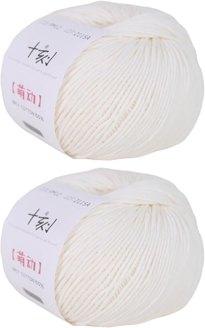 Fine Weight Knitted and Crocheted Cotton Yarn, 100% Long Staple Cotton Yarn, Baby Sports, 2 Packages of 100g/3.52oz (Per Skein 50g/162yards)-Jade White