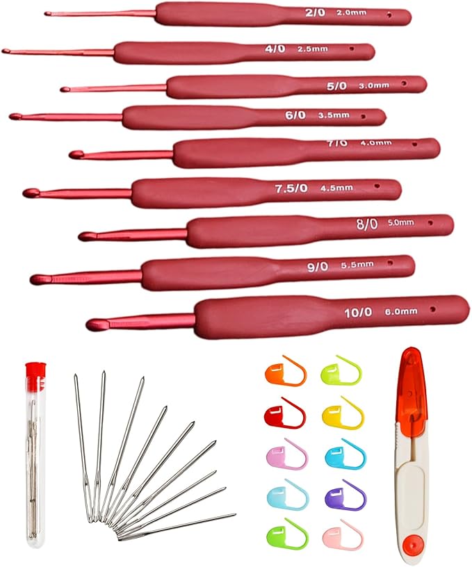 WINDAWNKE 9 PCS Red Crochet Hook Set, Ergonomic Soft Grip Crochet Hook, Crochet Needle Kit with Knitting & Crochet Supplies