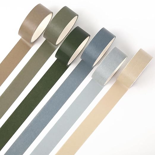 Whaline 6 Rolls Brown Green Washi Tape Dusty Blue Masking Tape Solid Color Decorative Tape for DIY Crafts Scrapbook Journal Planner Wrapping Supplies, 60 Ft