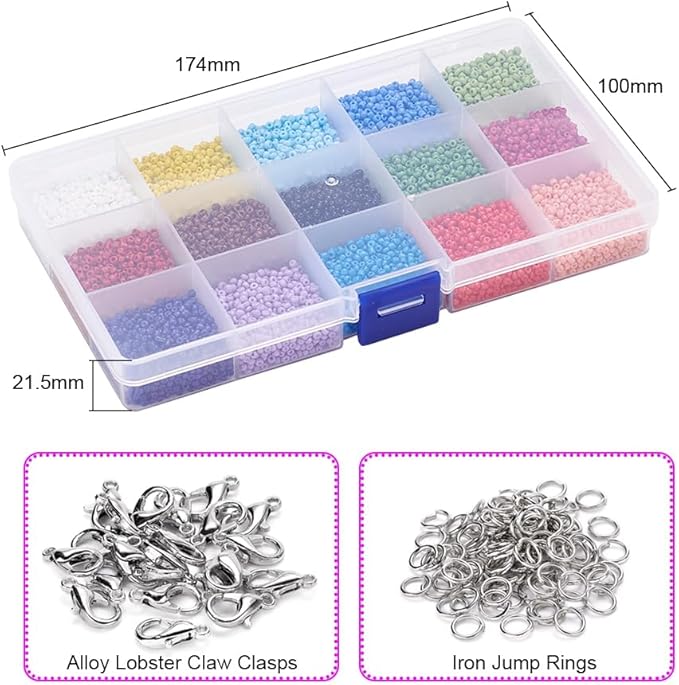 12750 Pcs 2mm Glass Seed Beads Bracelet Making Kit, Small Beads Friendship Jewelry Craft Kit with Lobster Clasps, Jump Rings & Elastic Cord, DIY Art Craft Gift for Girls