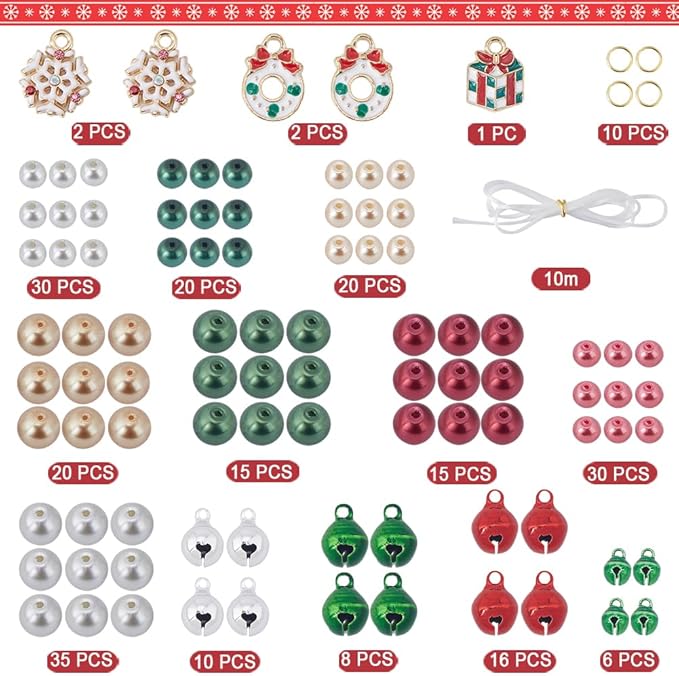 SUNNYCLUE 1 Box 240Pcs 6 Sets Christmas Charms Beading Bracelets Making Kit Small Jingle Bells Red Green Beads Holiday Cheerful Sound Adult Bell Winter Snowflake Charms for Jewelry Making Kits