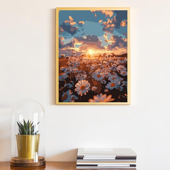 CHWGLFGG Paint by Numbers Kit for Adults Beginner, Daisy Sunset Landscape Adult Paint by Number Kits on Canvas, DIY Acrylic Oil Easy Painting by Numbers for Home Wall Decor 12X16 inch (Without Frame)