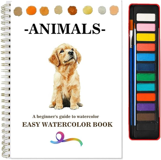 Watercolor Workbooks Coloring Book Beginner Friendly Painting Kit Easy Nature Scenes Paint Set Art Crafts for Creative Exploration Gift for Adults (Animals, with Palette)