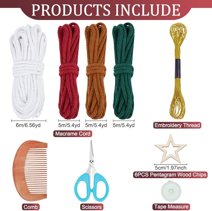 FREEBLOSS 6 Set Macrame Christmas Tree with Pentagram Chips Boho Decor Christmas Macrame Hanging Ornament Christmas Tree Ornaments Macrame Kit for Beginners