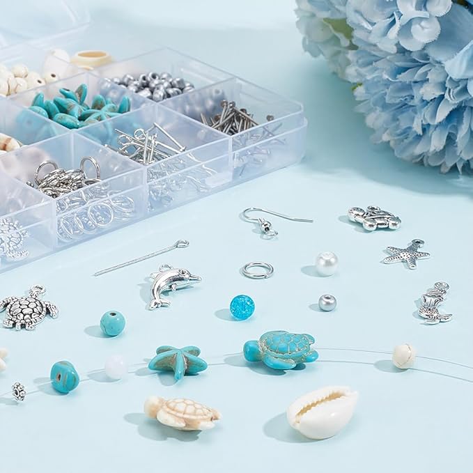 PH PandaHall 575pcs Turquoise Turtle Beads Ocean Beads Charms Starfish Seashell Bead Charms Tortoise Mermaid Pendants for Summer Beach Necklace Earring Bracelet Anklet Jewelry Making