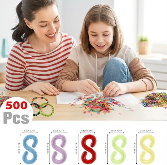 QONCV S Clips, Loom Rubber Plastic Band Clips, 500 Pieces, Colorful, Bracelets DIY Making Refill Kit, Connectors Refills, Loom Bracelets DIY Handicrafts, Exquisite Gadgets