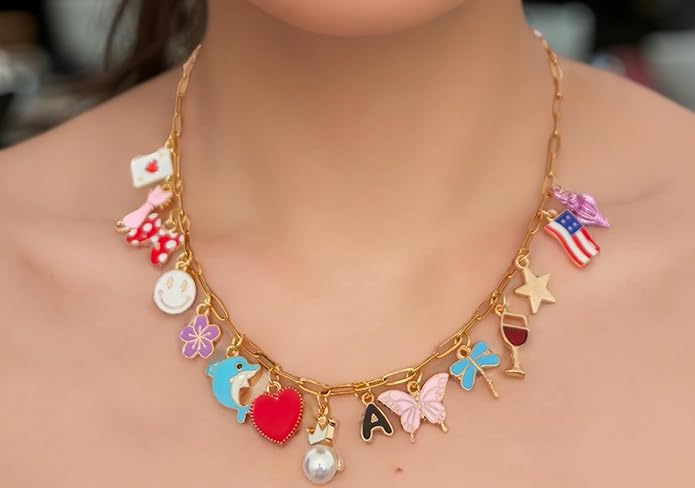 Gold Charm Necklace Kit - 4pcs 18in Stainless Steel Paperclip Chains & 50pcs Assorted Cute Gold Charms for DIY Jewelry Making