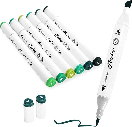 Green Alcohol Markers, 6 Pack Dual Tips Soft Fine Tip and Broad Tip Permanent Art Marker for Artists Adults Coloring Drawing Illustration Sketching Painting (Green)