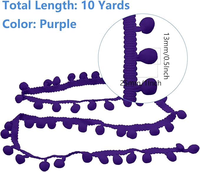 Homiest 10 Yards Pom Pom Trim for Sewing, 1 Inch Wide Purple Ribbon Bundles Textured Fabric Fringe Ribbon, 13mm Ball Pompom Trim for DIY Crafts Curtain Clothes Pillow Home Decoration