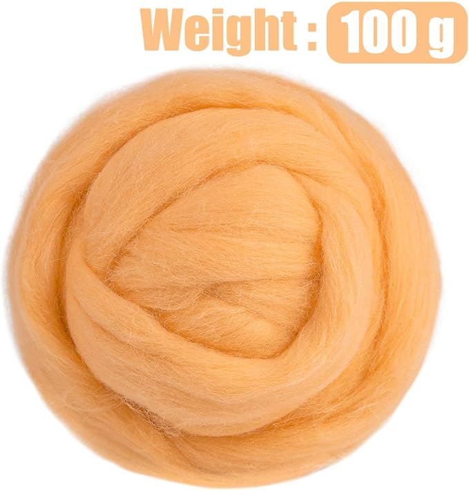 3.53oz Wool Roving, Wool Felting Supplies, Pure Wool, Chunky Yarn, Spinning Wool Roving for Needle Felting Wet Felting DIY Hand Spinning (Light Orange)