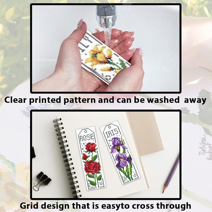 ACRNIGHEET 6PCS Cross Stitch Bookmark Kits for Beginner Flower Crossstitch Kits Adult Rose Daisy Lily Stamped Embroidery Bookmarks with Accessories for Adults Craft Gift 11CT