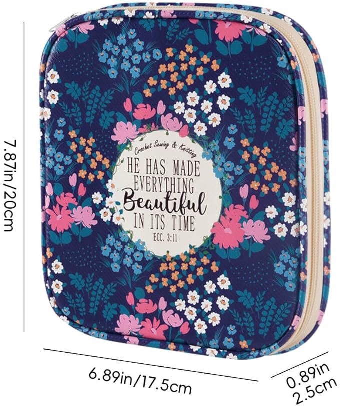 Crochet Hook Case,Portable Zipper Storage Organizer Bag for Crochet Hooks, Knitting Needles, Project & Sewing Supplies, Lightweight,Easy to Hold (No Accessories Included).Deep Blue Flowers
