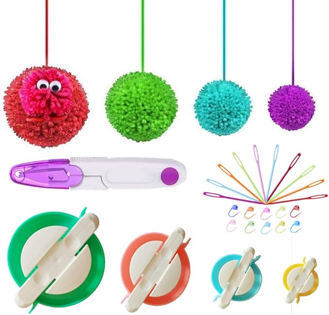 Pompom Makers, 4 Sizes Fluff Ball Weaver Needle Pompom Maker Sets-DIY Pompoms Craft Doll Making Kits Contain 1pcs Scissors + 10pcs Knitting Stitch Markers + 10pcs Plastic Needles(25)