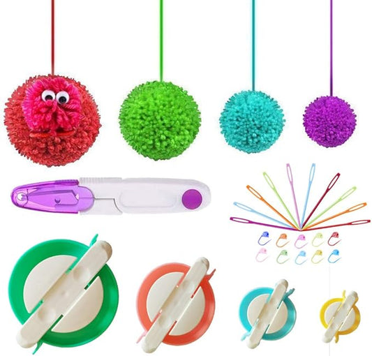 Pompom Makers, 4 Sizes Fluff Ball Weaver Needle Pompom Maker Sets-DIY Pompoms Craft Doll Making Kits Contain 1pcs Scissors + 10pcs Knitting Stitch Markers + 10pcs Plastic Needles(25)