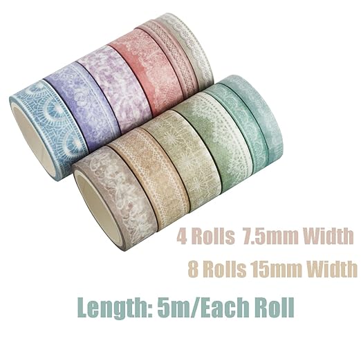 Lace Patterns Washi Tape Set 12 Rolls, Decorative Paper Sticker for Planner Scrapbook Journal DIY Arts Craft