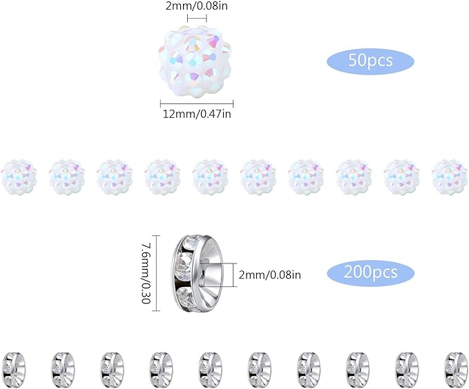 LAIDANLA 250pcs 12mm White Rhinestone Beads and 8mm Silver Rondelle Spacer Beads for Beadable Pens, Sparkly Shamballa Disco Baseball Bead for DIY Bracelets Necklaces Earring Craft