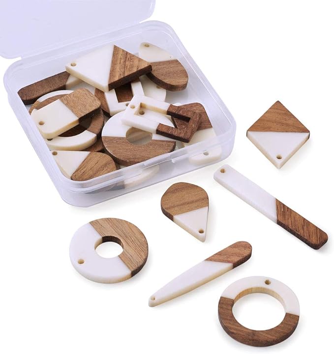 Beadthoven 20pcs/10 Pairs White Natural Wood Resin Charms DIY Earrings Pendants Mixed Shapes Wooden Pieces Pendants for Statement Jewelry Making Findings