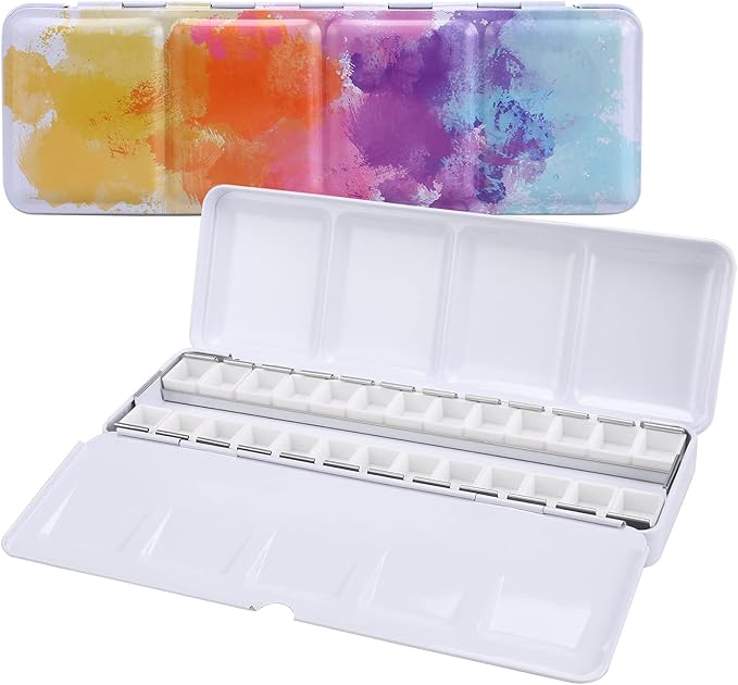 LOONENG Empty Watercolor Palette, Empty Watercolor Tin with Fold Out Palette, Medium Colorful Watercolor Tray Palette with 26 Empty Half Pans for Plein Air Painting and Sketching