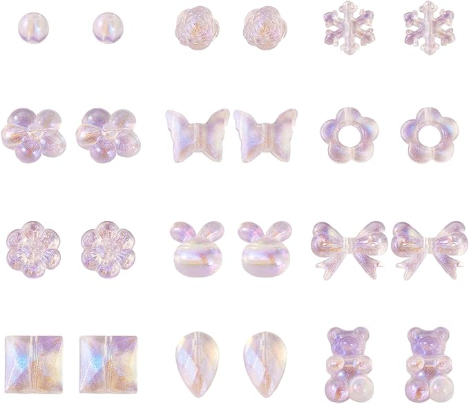 FASHEWELRY 120pcs Clear Acrylic Beads Transparent Mixed Cute Beads for Bracelets, Glitter Powder Bear Bowknot Rabbit Flower Pony Beads Bulk for DIY Keychain Necklace Jewelry Making