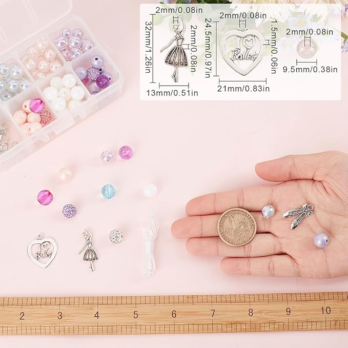 SUNNYCLUE 1 Box 6 Set Ballet Bracelet Making Kit Adjustable Bracelets Dancer Ballerina Charms Acrylic Transprent Rhinestone Beads for Jewellery Making Kits Beginner Adult Women Holiday Supplies