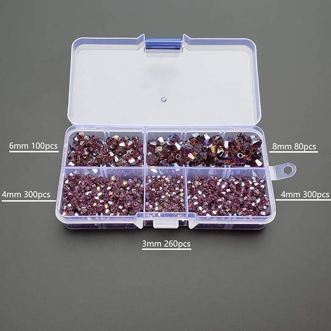 Purple Bicone Glass Beads for Jewelry Making, Faceted Crytal Spacer Beads for Bracelet Necklace Earring (3mm 4mm 6mm 8mm Mixed Sizes, 1040pcs)
