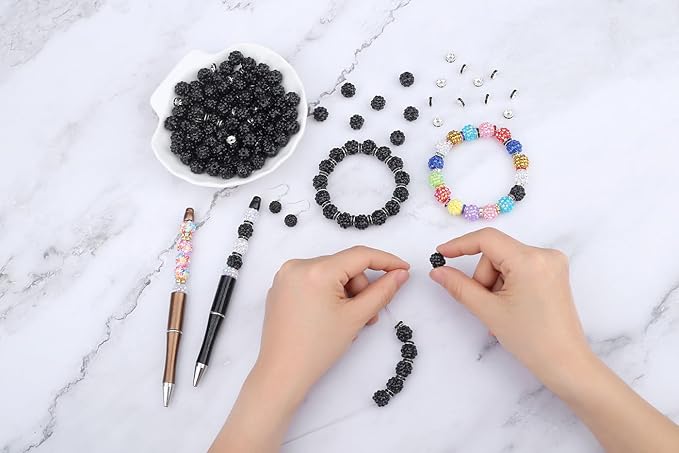 LAIDANLA 250pcs 12mm Black Rhinestone Beads and 8mm Rondelle Spacer Beads for Beadable Pens, Sparkly Shamballa Disco Ball Bead for Bracelets Necklaces Earring DIY Craft