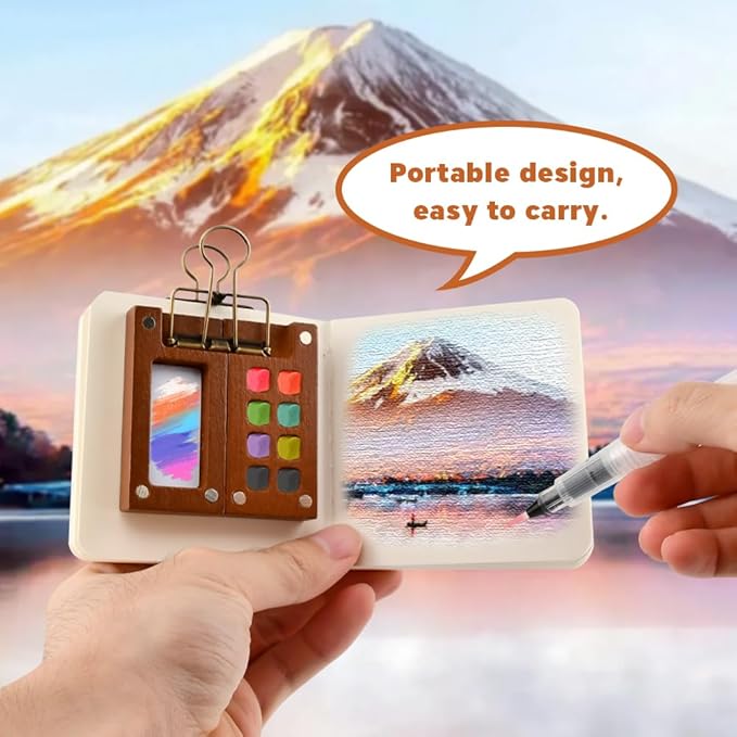 Pocket Artist Watercolor Travel Set, Mini Watercolor Palette Collection(8 Grids), Portable Kit Paint, Brush, Sketchbook & Copper Clip for Artists, Outdoor Sketchers & Beginners