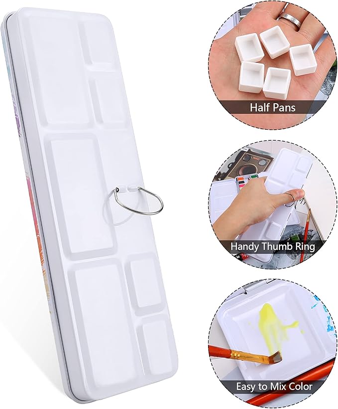 LOONENG Empty Watercolor Palette, Empty Watercolor Tin with Fold Out Palette, Medium Colorful Watercolor Tray Palette with 26 Empty Half Pans for Plein Air Painting and Sketching