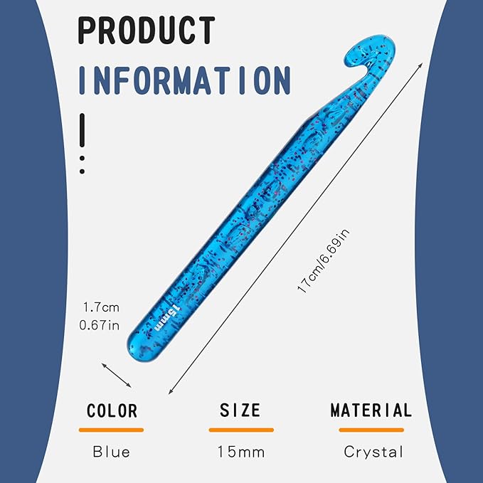 15 mm Large Crochet Hooks, Ergonomic Handle for Arthritic Hands, Professional Huge Crochet Needles, Colorful Transparent Crochet Hook for Beginners and Crocheting Yarn(Blue)