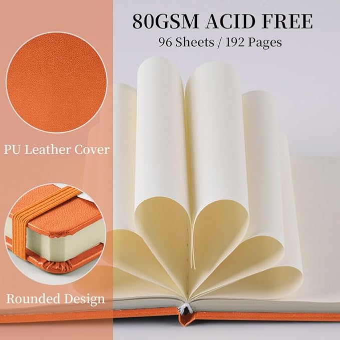 Square 5x5 inches 80gsm 96sheets/192 Pages Notebooks Blank Sketchbooks Travel Journal Pocket Hardcover Paint Writing Diary Memo Planner PU Leather Cover. Orange