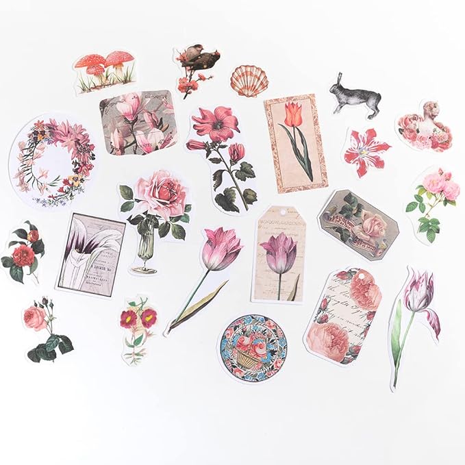 Alideco 200pcs Vintage Scrapbook Supplies Kit Kawaii Mushrooms, Flowers Scrapbooking Paper Washi Bullet Journals Planners Collage Album Aesthetic Cottagecore