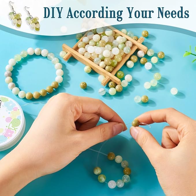 FASHEWELRY Stone Bracelet Making Kit 100pcs 8mm Mixed Gemtone Round Beads Green Crystal Loose Beads with Elastic String for DIY Necklace Earrings Jewelry Making