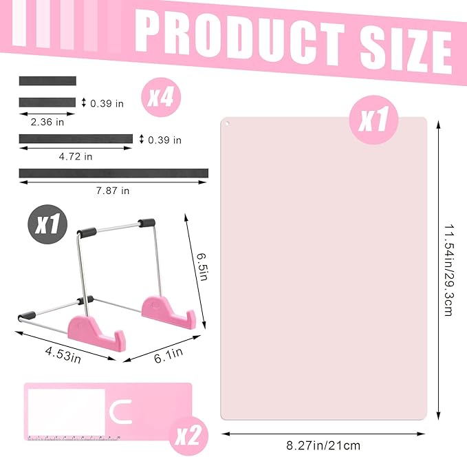 flutesan 8 pcs cross stitch accessories and tools 11.5 x 4.7 inch metal magnet board chart knitting pattern holder 2 bookmark magnifier with ruler 1 bracket 4 magnet strips for crafts work (pink)