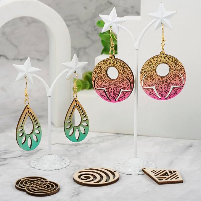 26pcs Wooden Earring Charms Unfinished Natural Wood Filigree Pendants in Teardrop & Kite & Flower & Rhombus & Triangle Shape with Earring Hooks & Jump Rings for Boho Earring DIY Jewelry Making