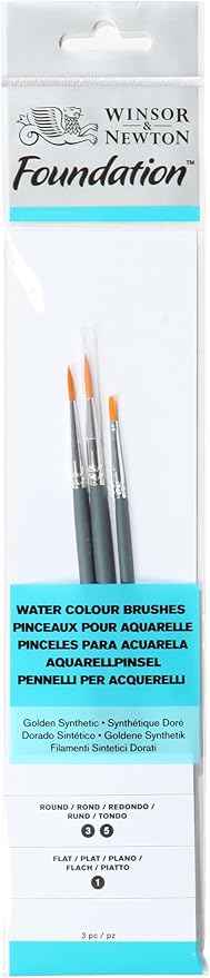 Winsor & Newton Foundation Watercolour Brush Set, Short Handle, Two Round & Flat, 3 Pack