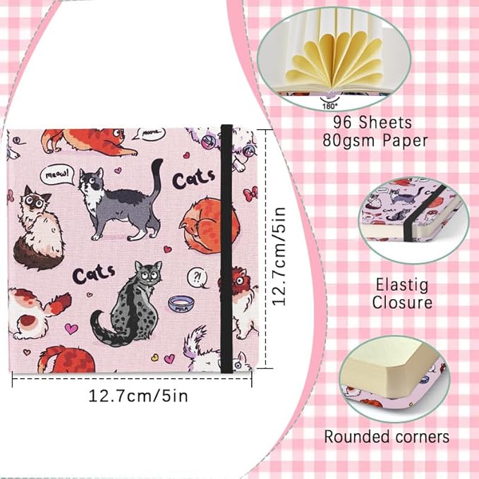 4.8" x 4.8" Hardcover Sketchbook,Small Mixed Media Sketch Pad,96 Sheets 80gsm Acid-Free Artist Travel Journal Pocket Blank Notepad for Adults Drawing Painting,Art Supplies.Pink Cute Cat