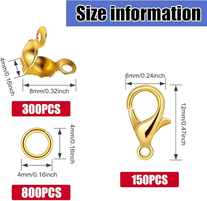 1250 Pieces Jewelry Making Accessories Set Includes 800 Pieces Open Jump Ring Connectors 300 Pieces Bead Tips Knot Covers and 150 Pieces Lobster Claw Clasps for DIY Jewelry Crafts Making (Gold)