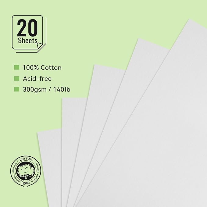 Lightwish Watercolor Sketchbook,300gsm/140lb 100% Cotton Hot Press Watercolor Journal, Acid Free Watercolor Paper for Artists,Adults,Students,20 Sheets,Paper 5.8 * 8.2 Inches