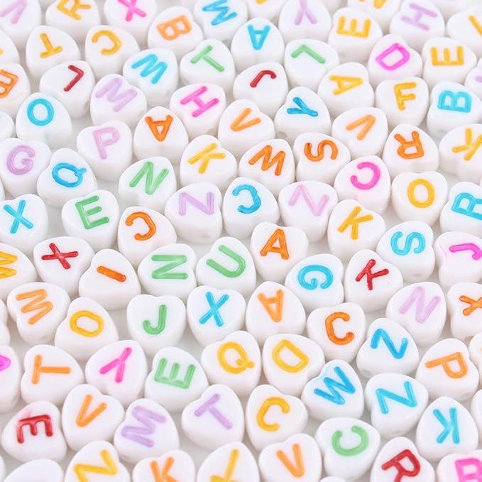 Song Xi 1200pcs White Heart Acrylic Alphabet Beads - Colorful Letter Beads 4x7mm for Bracelets and Jewelry Making