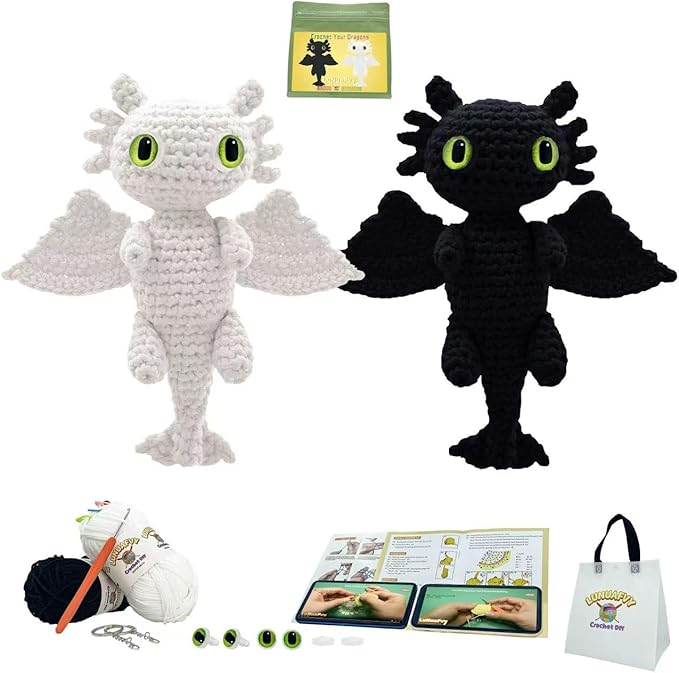 lunuafvy crochet kit for beginner adult/teen/kid 9+ - learn to crochet animal amigurumi dragon set with left/right-handed 4hr video, 3-format guides, gift-ready packaging, soft yarn & storage bag