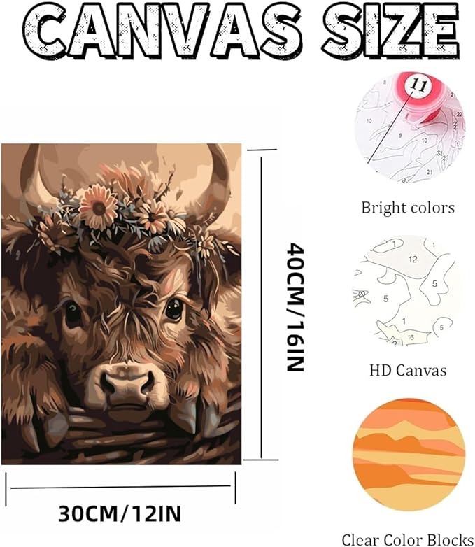 Mosaflare Paint by Numbers for Adults Beginner, Highland Cow Adult Paint by Number Kits on Canvas, DIY Acrylic Oil Easy Painting by Numbers for Home Wall Decor 12X16 inch (Without Frame)