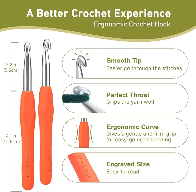 9mm Crochet Hook, Supers Smooth 9 mm Ergonomic Crochet Hooks for Beginner, Comfort for Arthritic, 1 Pack