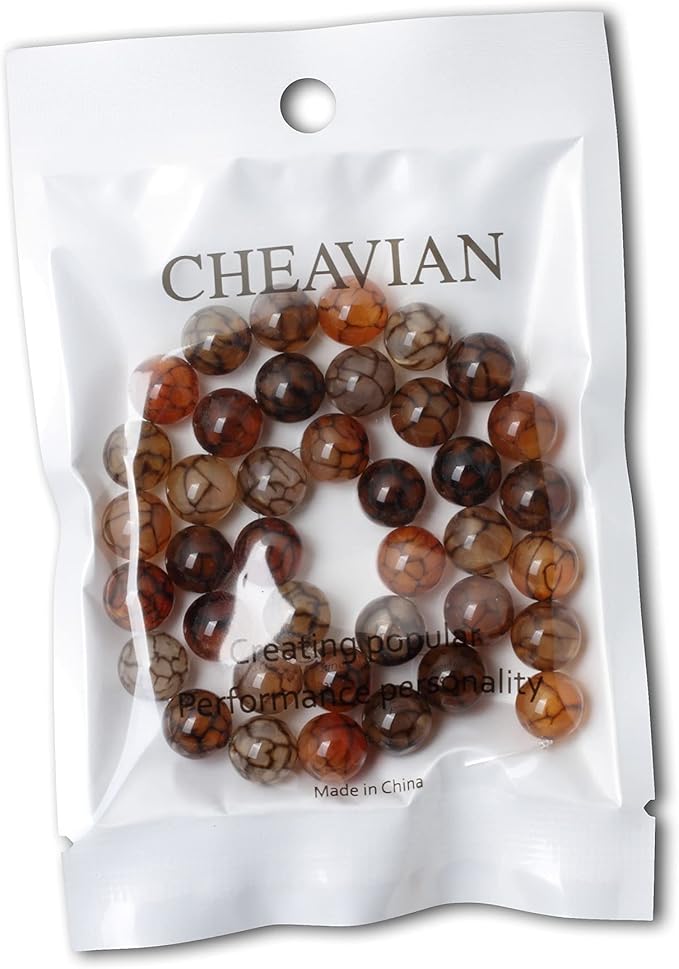 35PCS 10mm Coffee Dragon Vein Agate Gemstone Round Loose Beads for Jewelry Making 1 Strand 15"