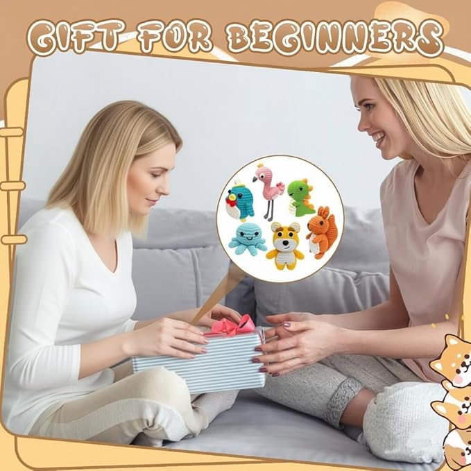 FHFTHYH 6Pcs Crochet Kit for Beginners, DIY Craft for Adults, Great Gift for Crochet Lovers, Crocheting Animal Kits with Step by Step Videos,Yarn,Crochet Hook,Birthday Holiday Gift