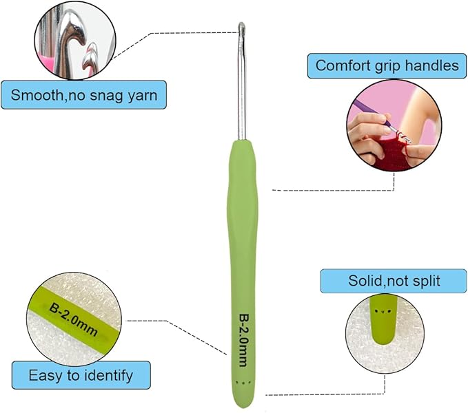 Mdoker Extra Long Crochet Hooks,Ergonomic Grip Soft Handles for Handmade DIY Crocheting,Crochet Hook Needles for Arthritic Hands,Size B/1(2.0MM)