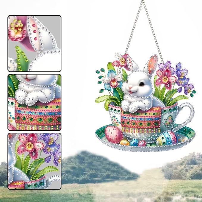 STGLCR Easter Egg Diamond Art Hanging Kit for Adult, DIY Acrylic Rabbit Diamonds Painting Ornament Pendant Board Kit Flower Diamond Painting Window Pendants Home Garden Wall Hanging Kits Ornament